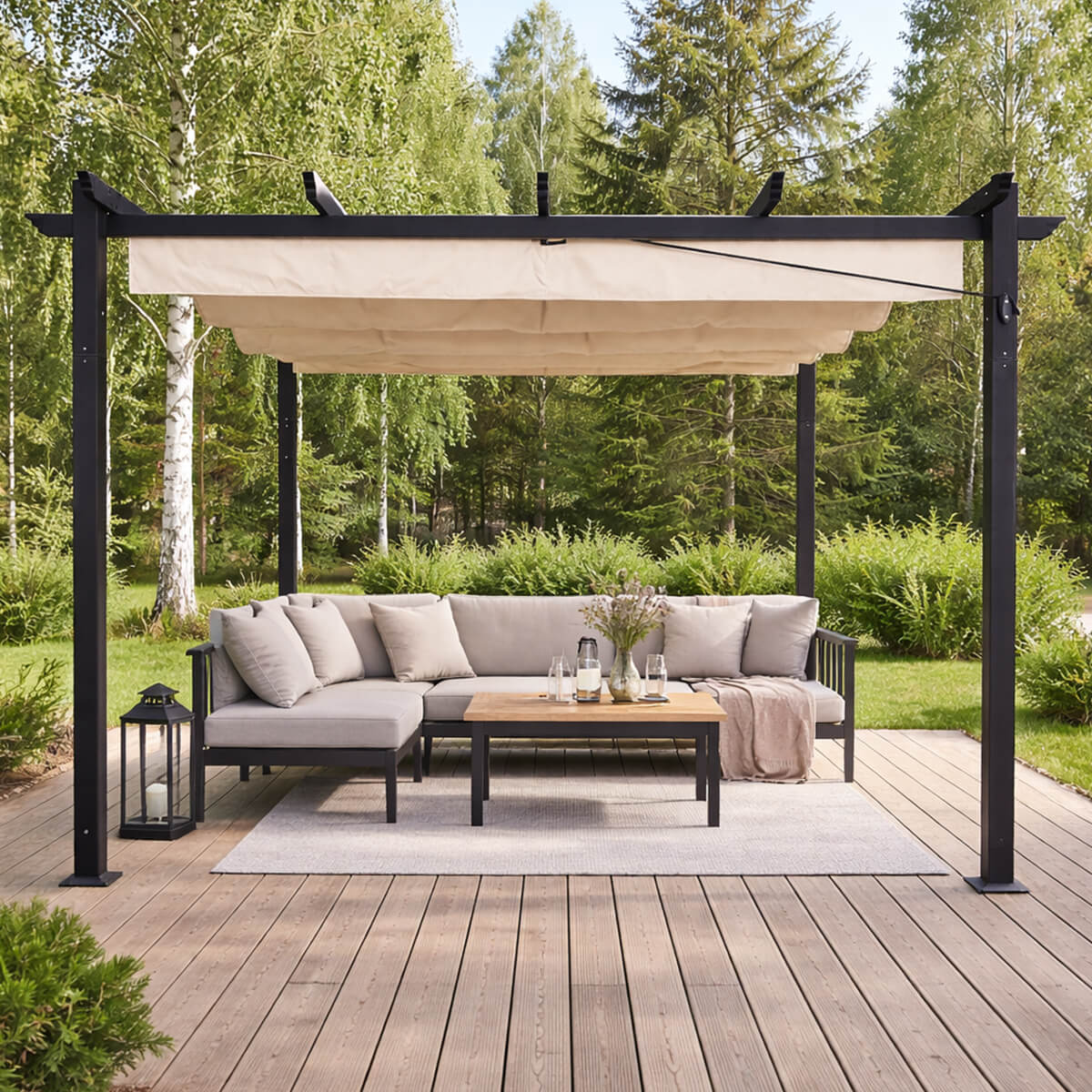 Pergola 3 x 3 m – liukuva kattokangas, alumiinirunko, 250 g PU-kangas, beige