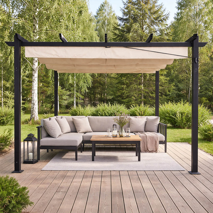 Pergola 3 x 3 m – skjutbart taktyg, aluminiumram, 250 g PU-tyg, beige