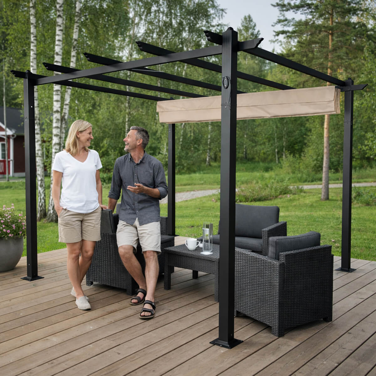 Pergola 3 x 3 m – liukuva kattokangas, alumiinirunko, 250 g PU-kangas