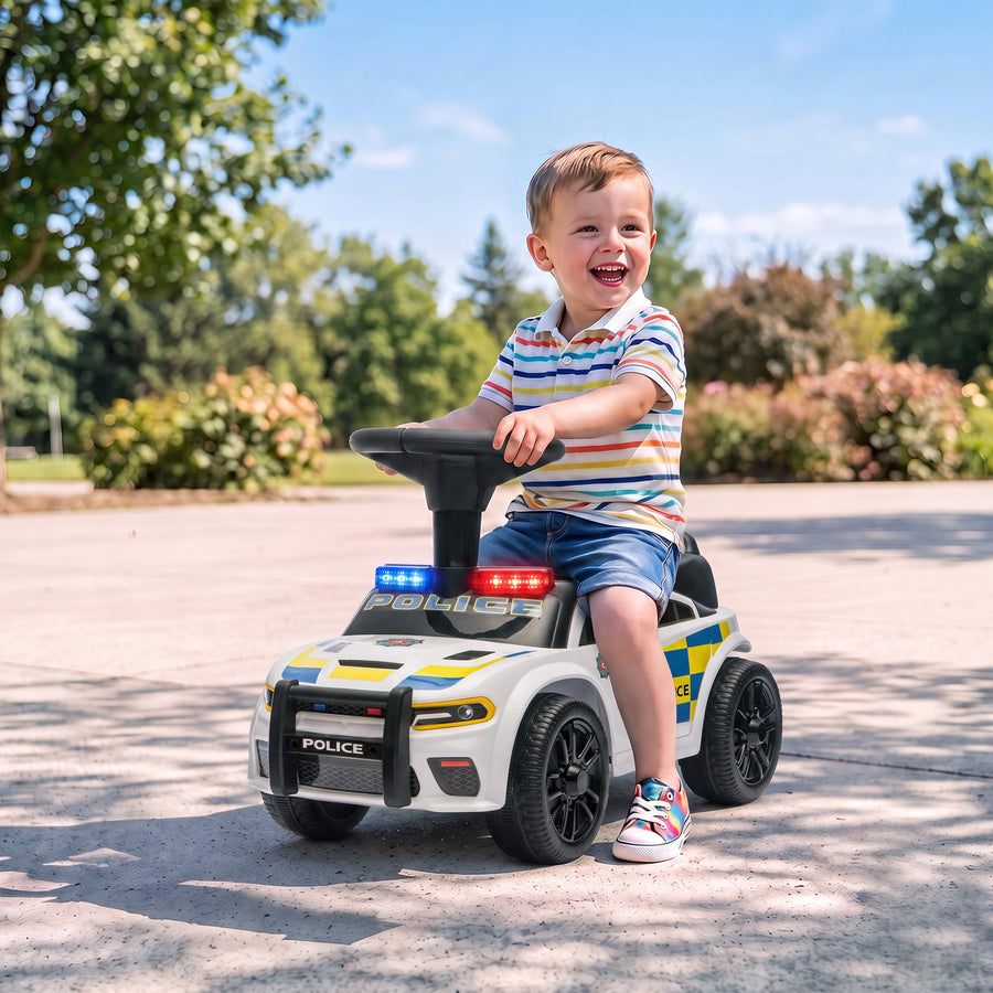 Lasten potkuauto poliisiauto, valo ja musiikki, kaatumiseste ja säilytystila, 18–36 kk, valkoinen