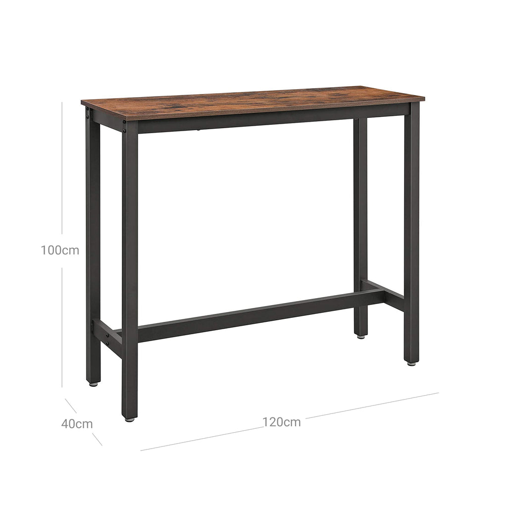 Baaripöytä, kapea suorakaiteen muotoinen baaripöytä, keittiöpöytä, korkea ruokapöytä, tukeva metallirunko, 120 × 40 × 100 cm, helppo koota, industrial-muotoilu, rustiikkiruskea ja musta