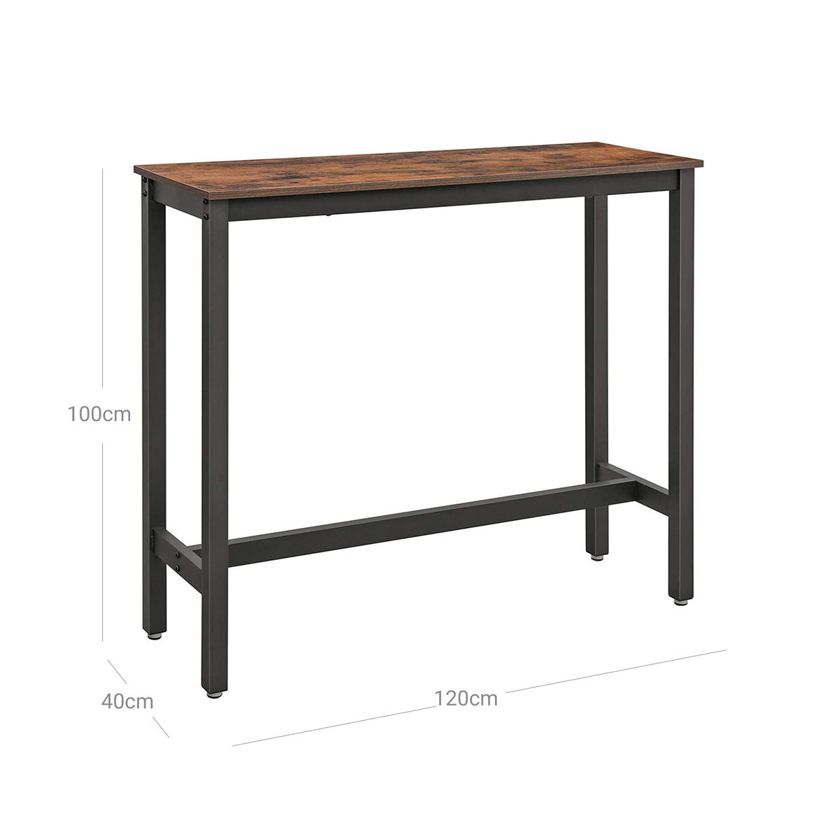 Baaripöytä, kapea suorakaiteen muotoinen baaripöytä, keittiöpöytä, korkea ruokapöytä, tukeva metallirunko, 120 × 40 × 100 cm, helppo koota, industrial-muotoilu, rustiikkiruskea ja musta