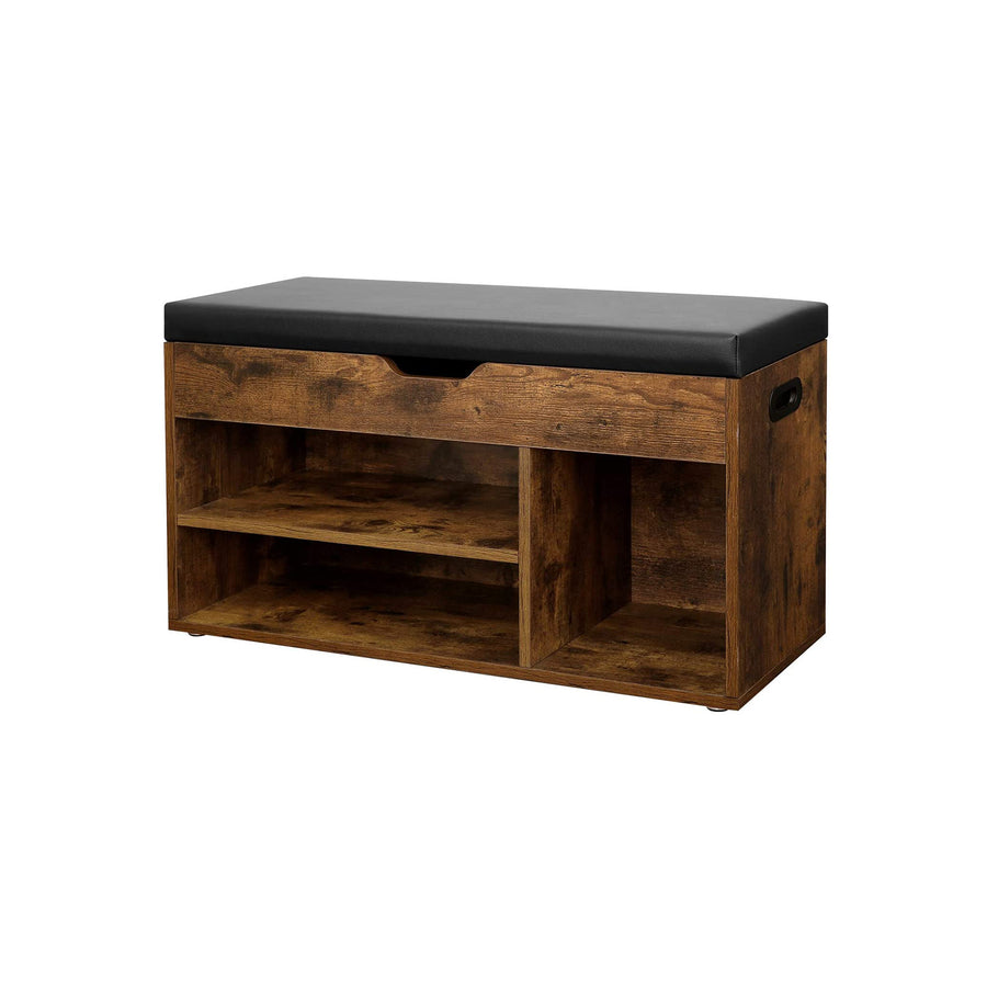 Kenkäpenkki pehmustetulla istuimella, säilytyspenkki 3 lokerolla ja piilosäilytyksellä, olohuoneeseen, eteiseen ja makuuhuoneeseen, kantavuus 150 kg, 80 × 30,3 × 44 cm, rustiikkiruskea