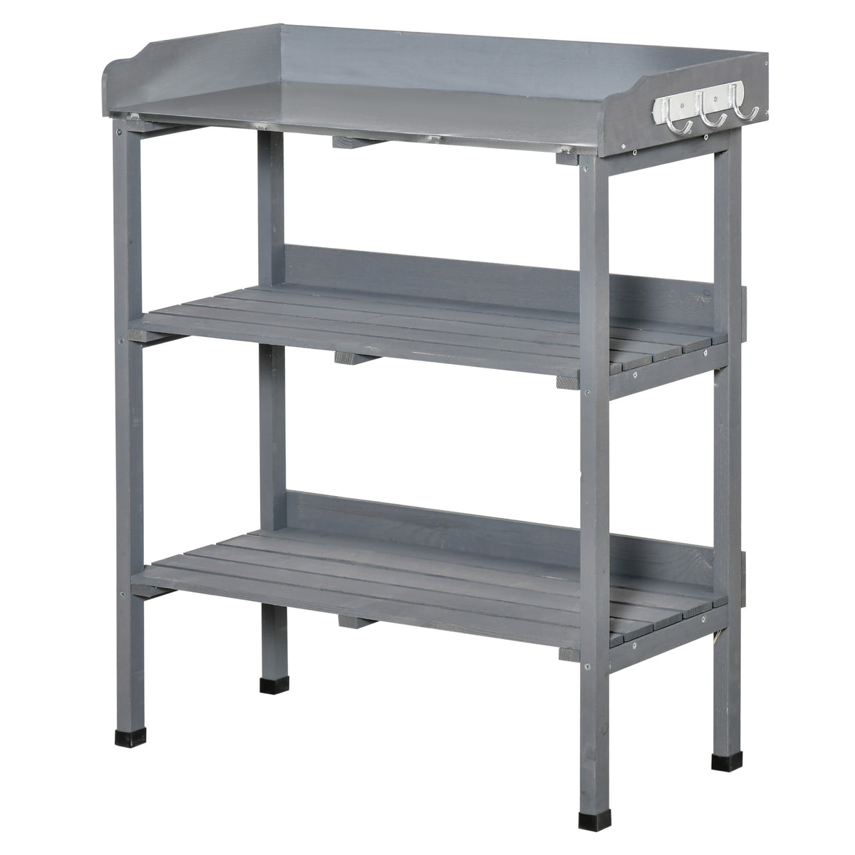 Puinen istutuspöytä metallikannella ja koukuilla, 76 x 37 x 89 cm, harmaa