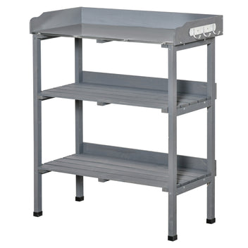 Puinen istutuspöytä metallikannella ja koukuilla, 76 x 37 x 89 cm, harmaa