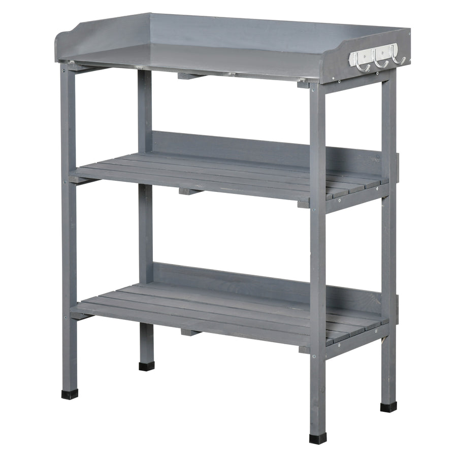 Puinen istutuspöytä metallikannella ja koukuilla, 76 x 37 x 89 cm, harmaa