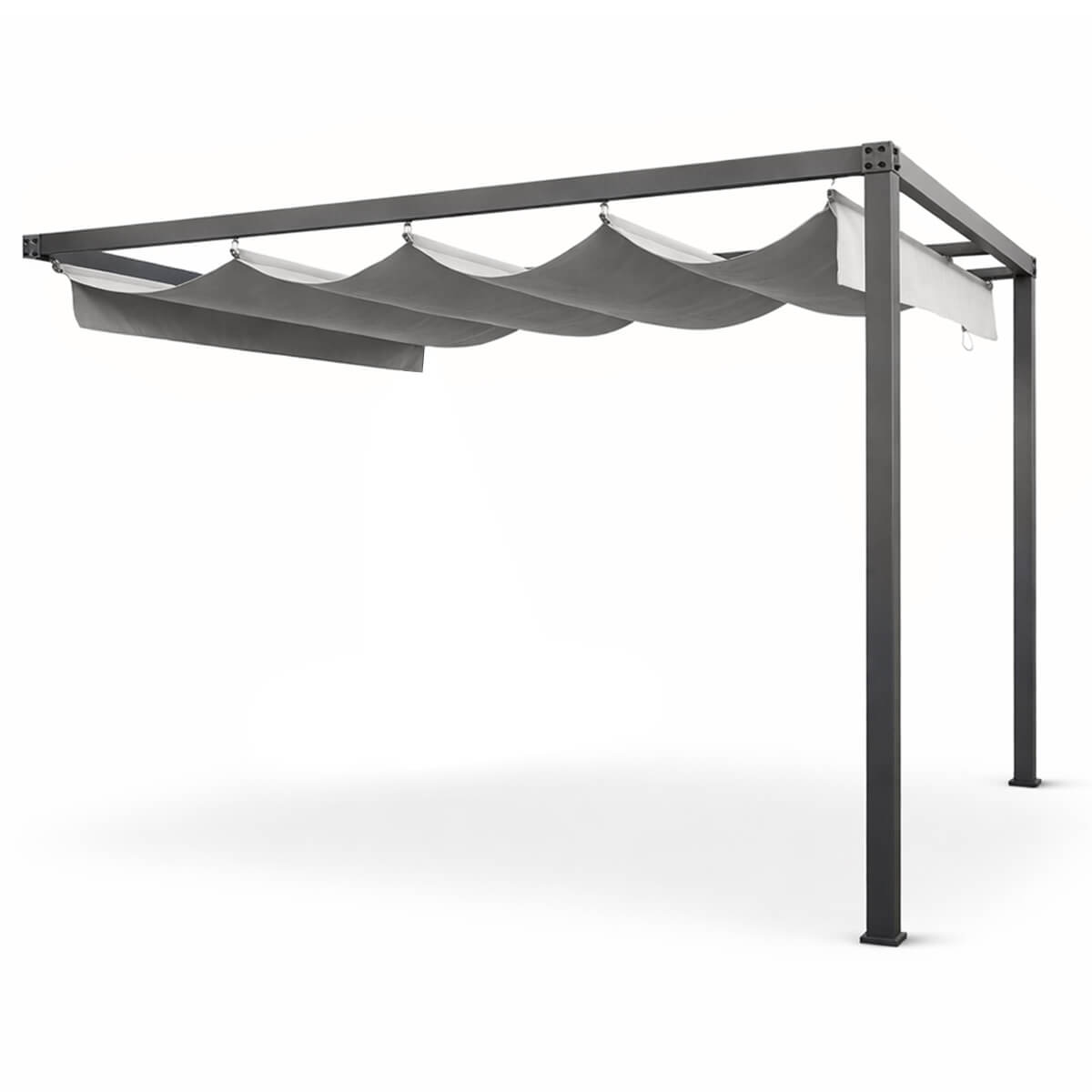 Seinäkiinnitteinen pergola 300 x 260 cm – liukuva katto, alumiinirunko, harmaa