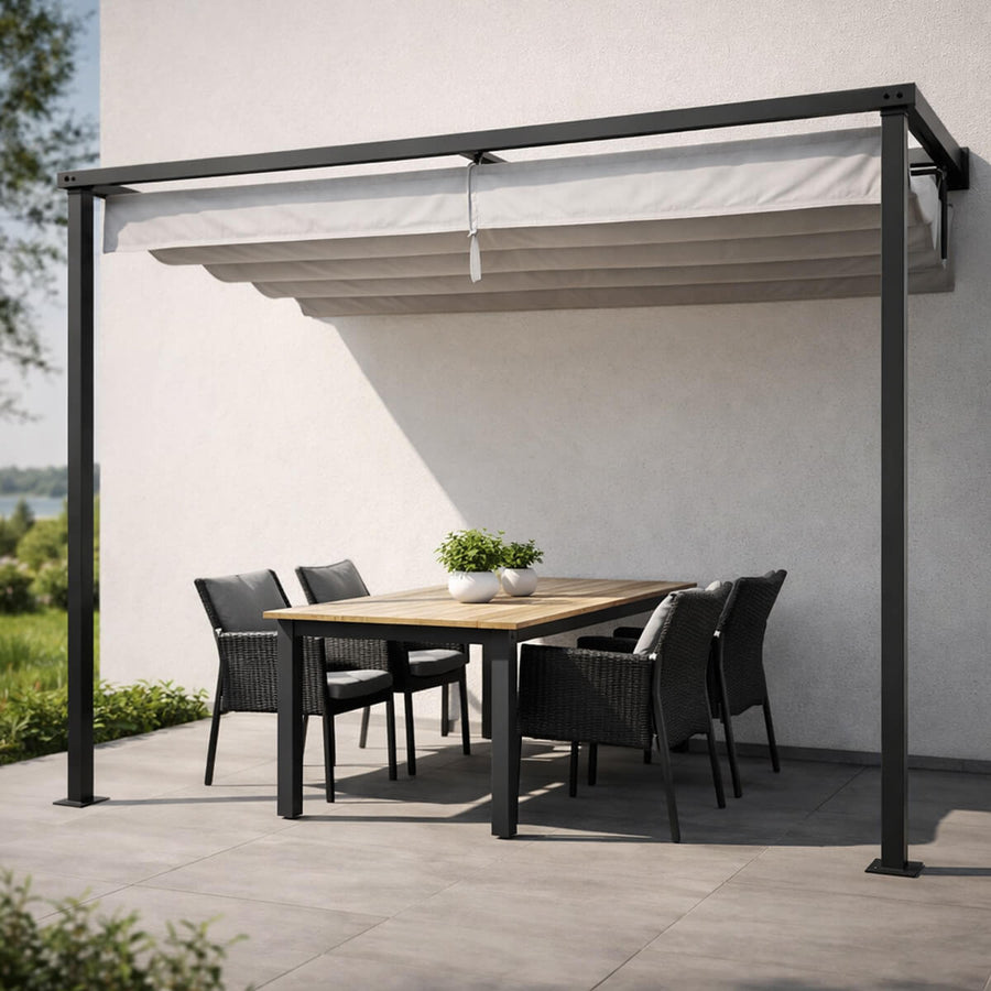 Väggmonterad pergola 300 x 260 cm – skjutbart tak, aluminiumram, grå