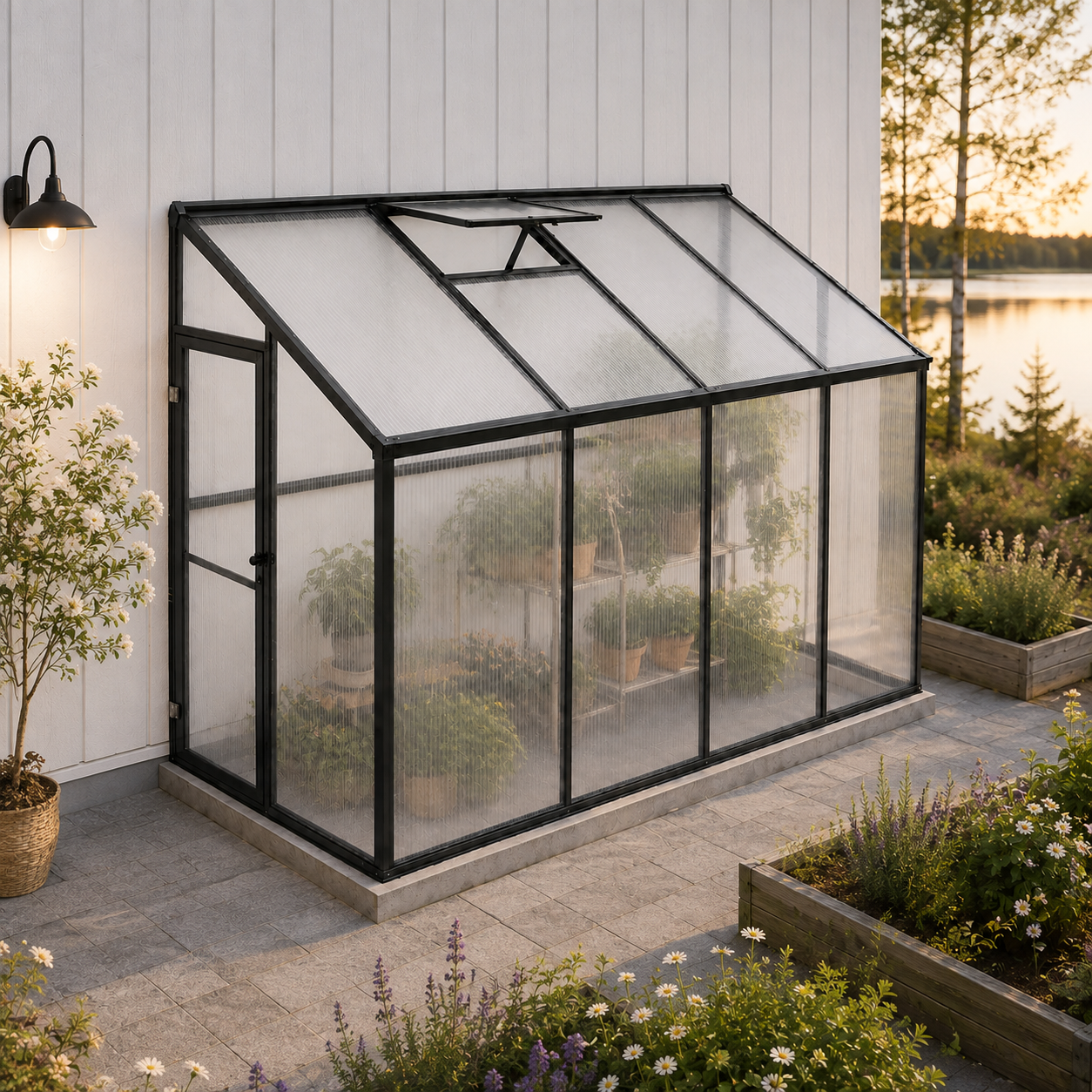 Väggväxthus 242 x 122 x 195 cm – 4 mm polykarbonat, 1 mm aluminiumram, svart