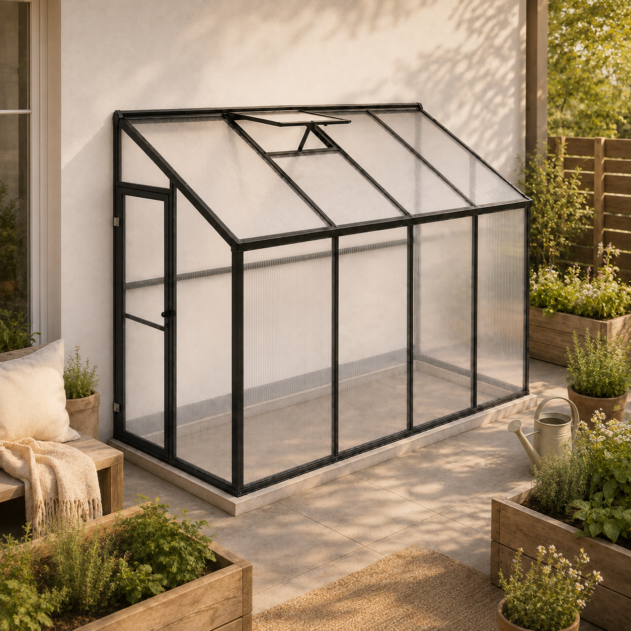 Väggväxthus 242 x 122 x 195 cm – 4 mm polykarbonat, 1 mm aluminiumram, svart