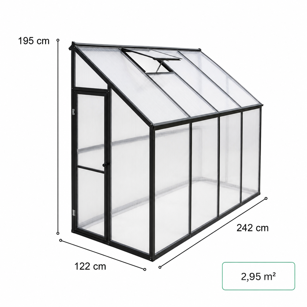 Väggväxthus 242 x 122 x 195 cm – 4 mm polykarbonat, 1 mm aluminiumram, svart