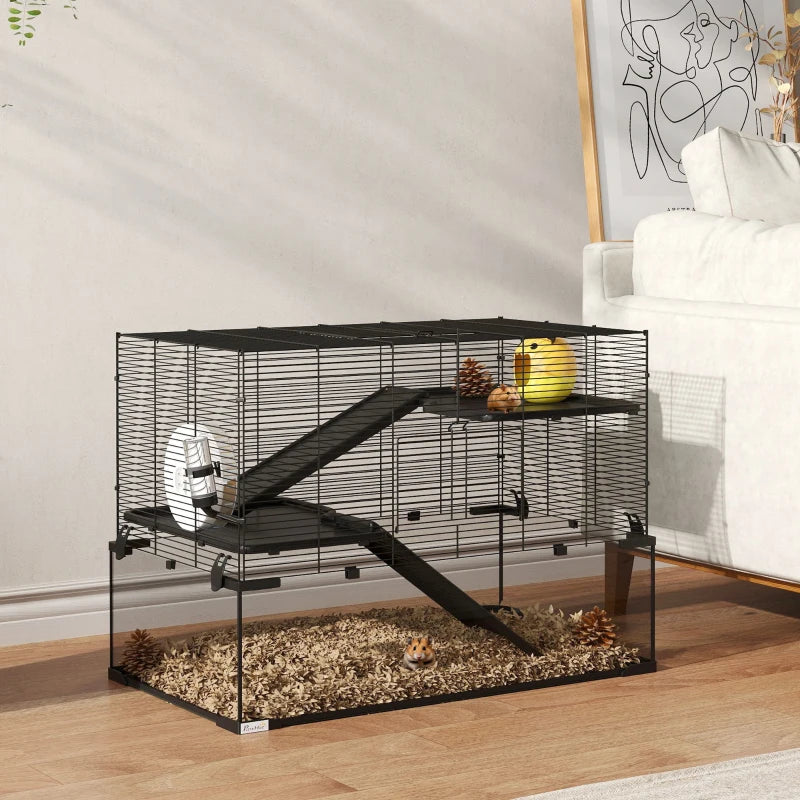Hamsterbur med glasbotten – 4 våningar, 78,5 x 48,5 x 80 cm