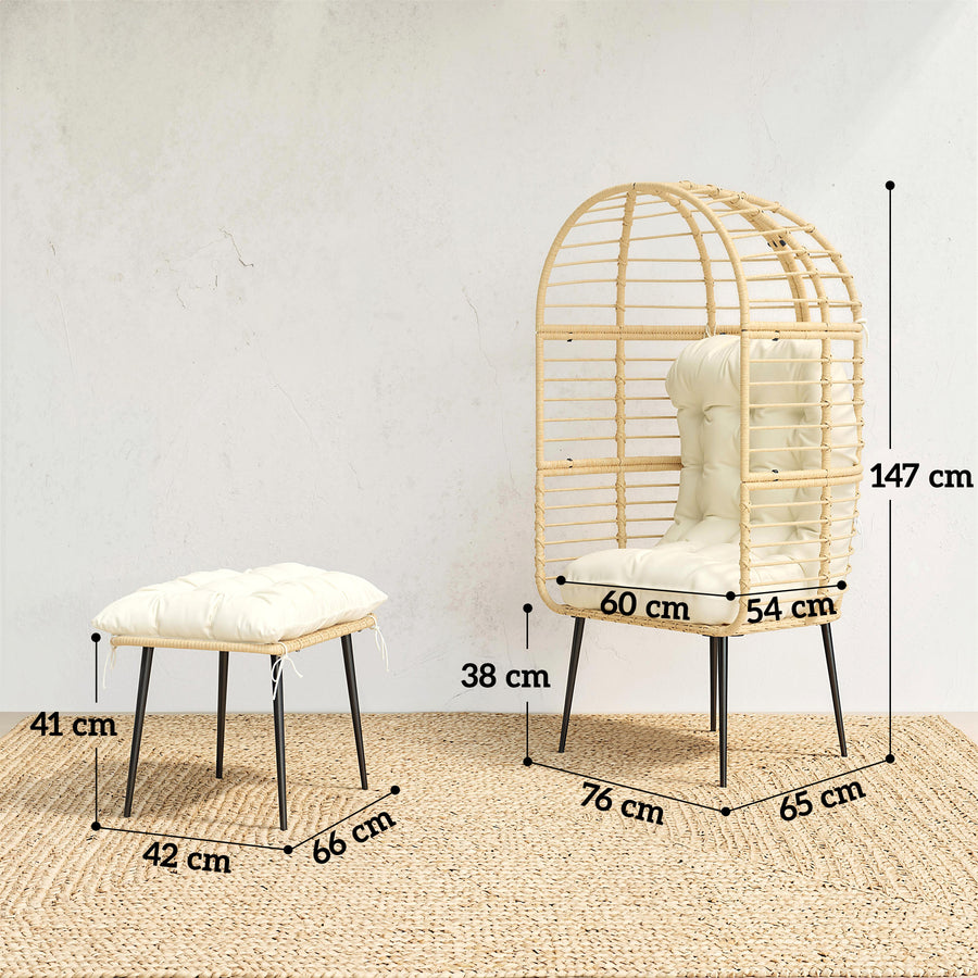 Polyrottinkinen munatuoli ja rahi paksuilla tyynyillä, beige