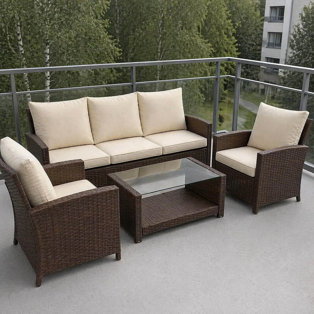 4-delad soffgrupp för 5 personer – polyrotting, 6 cm stoppning, bord 90 x 50 cm