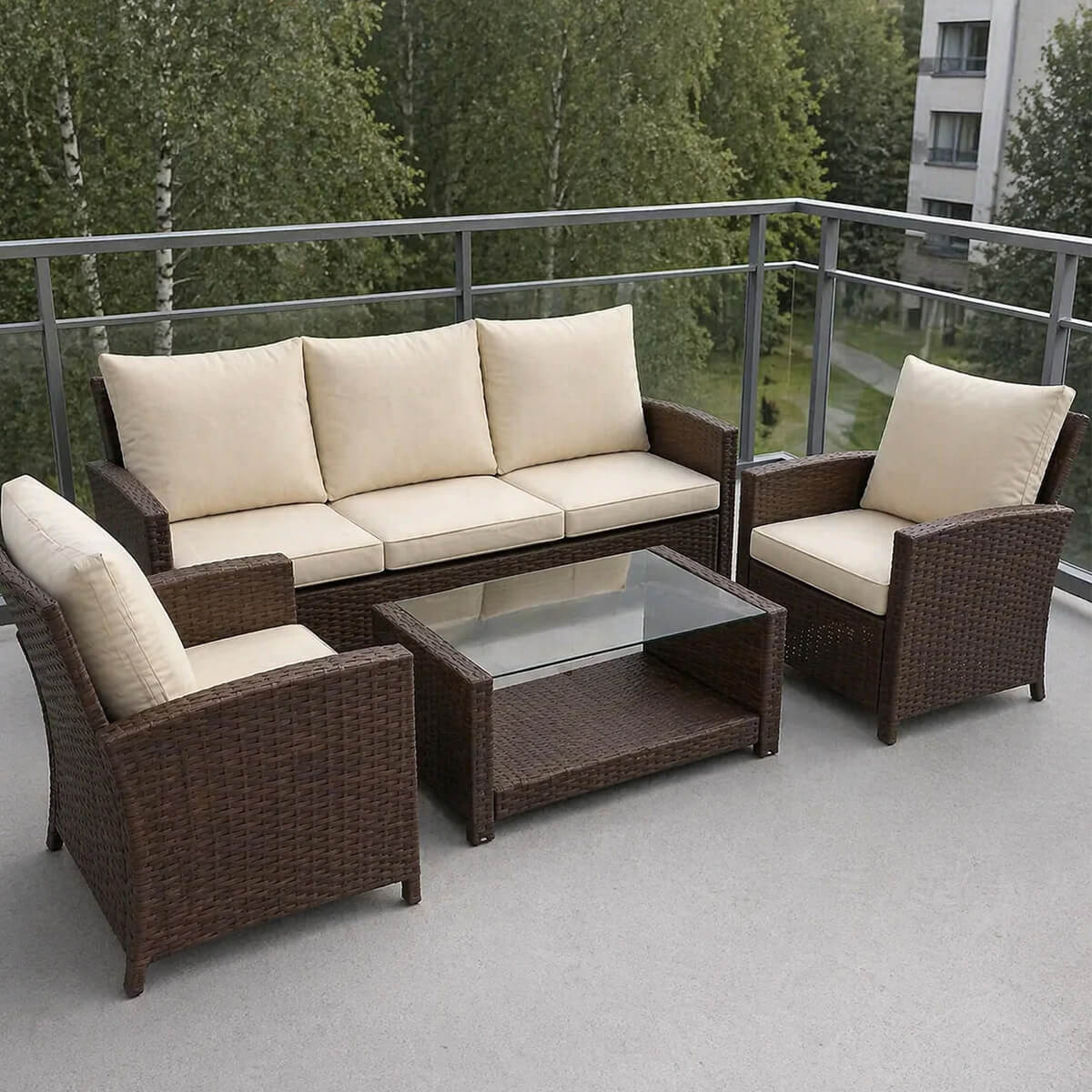 4-delad soffgrupp för 5 personer – polyrotting, 6 cm stoppning, bord 90 x 50 cm