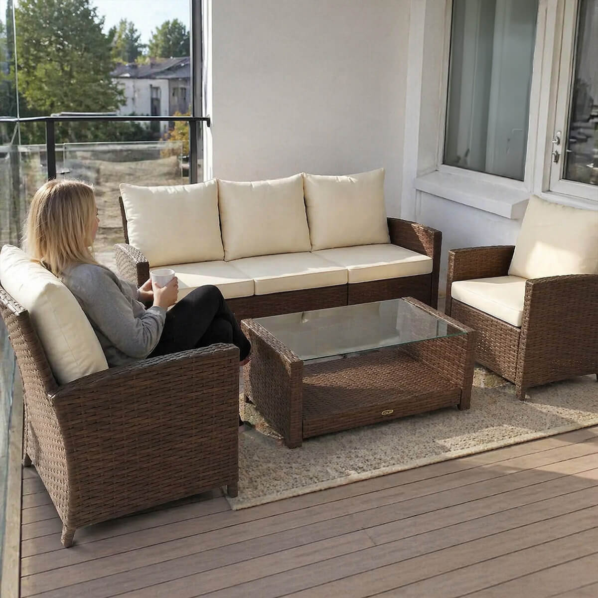 4-delad soffgrupp för 5 personer – polyrotting, 6 cm stoppning, bord 90 x 50 cm
