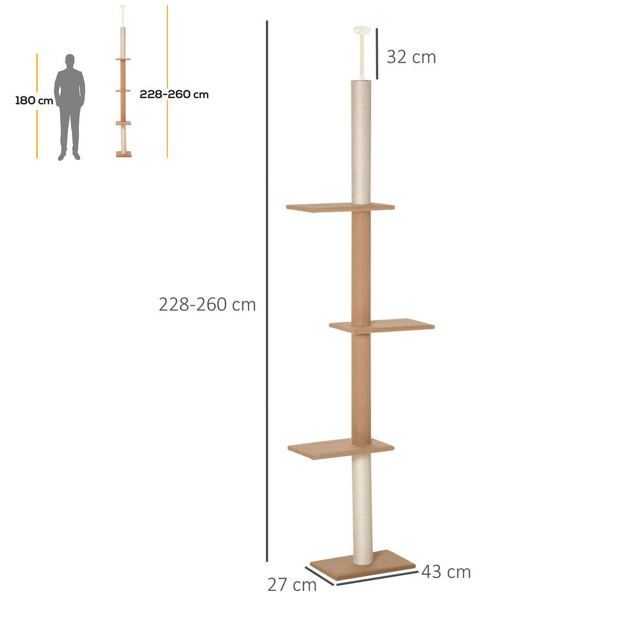 Kattoon ulottuva kissan raapimispuu, säädettävä 228–260 cm, khaki