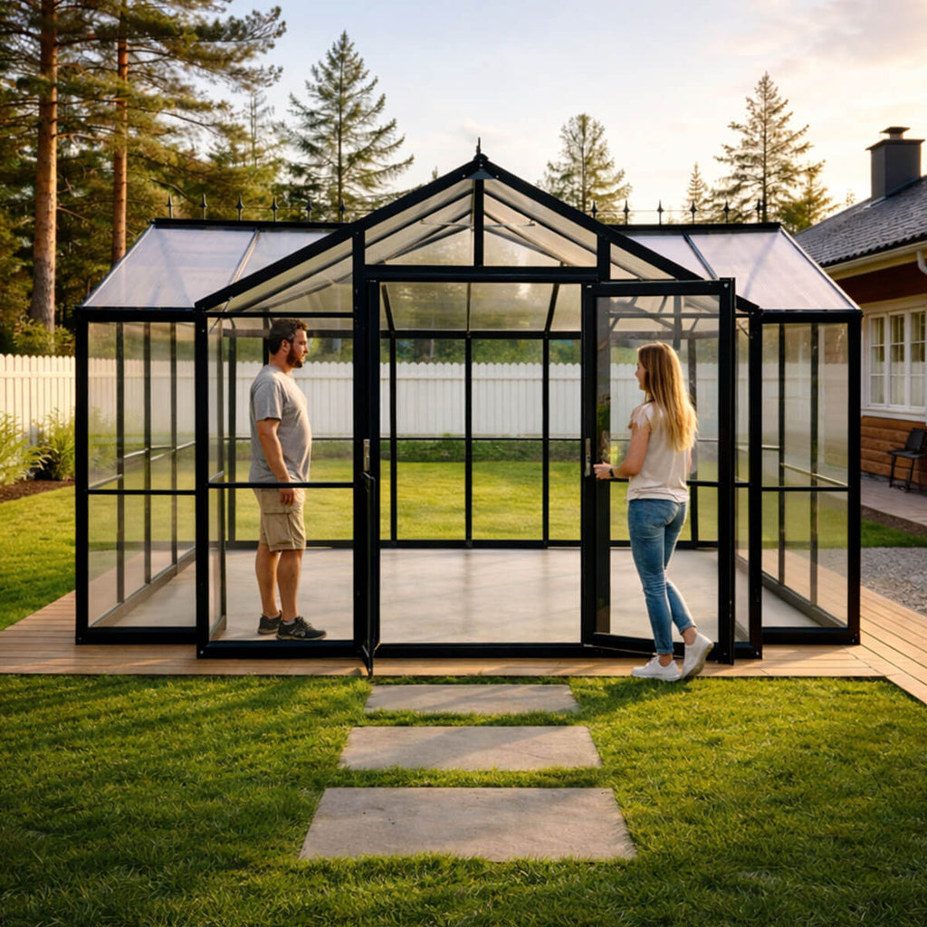 T-formad växthuspaviljong 369 x 305 cm – 2 dubbeldörrar, 2 fönster, svart