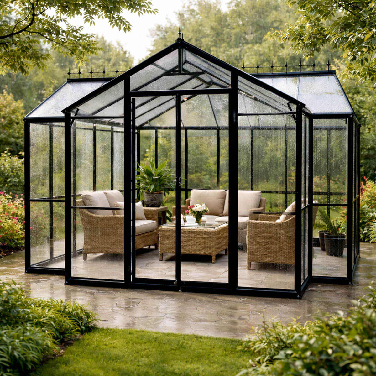 T-muotoinen kasvihuonepaviljonki 369 x 305 cm – 2 kaksoisovea, 2 ikkunaa, musta