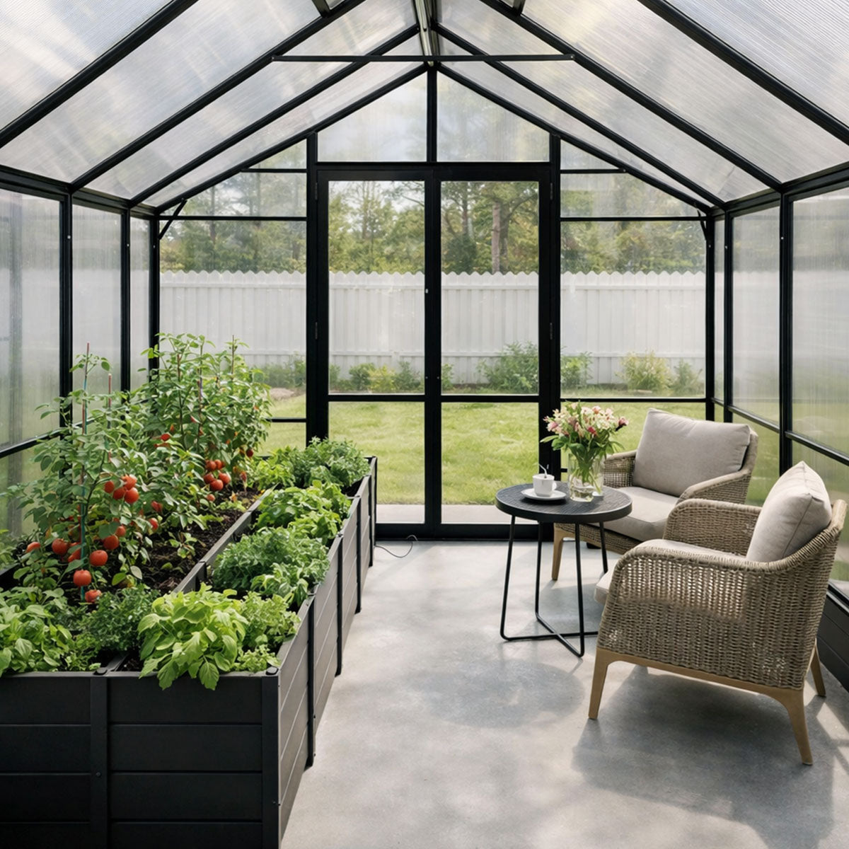 T-muotoinen kasvihuonepaviljonki 369 x 305 cm – 2 kaksoisovea, 2 ikkunaa, musta
