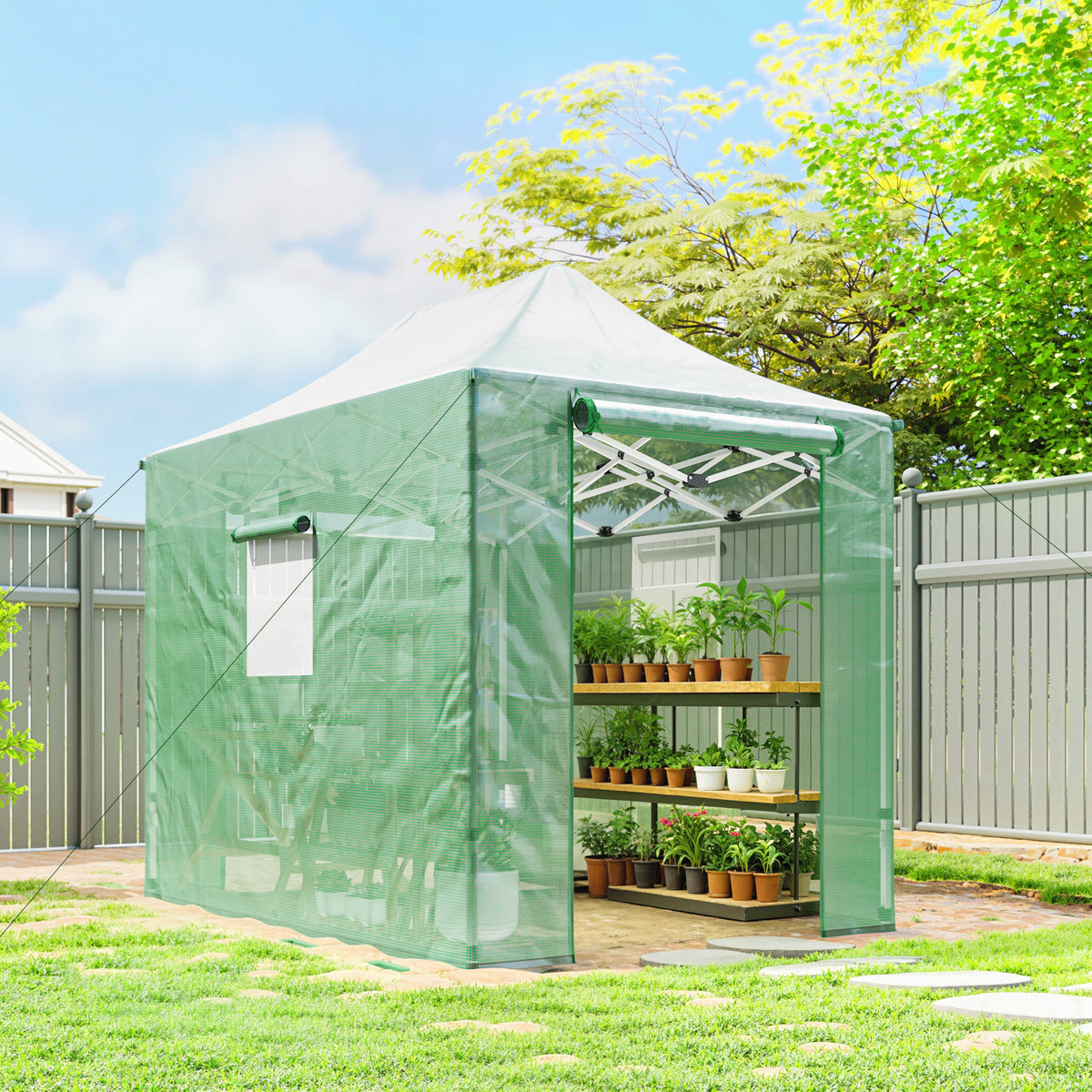 Taittuva pop-up-kasvihuone harjakatolla, 2,95 x 2 x 2,7 m, vihreä