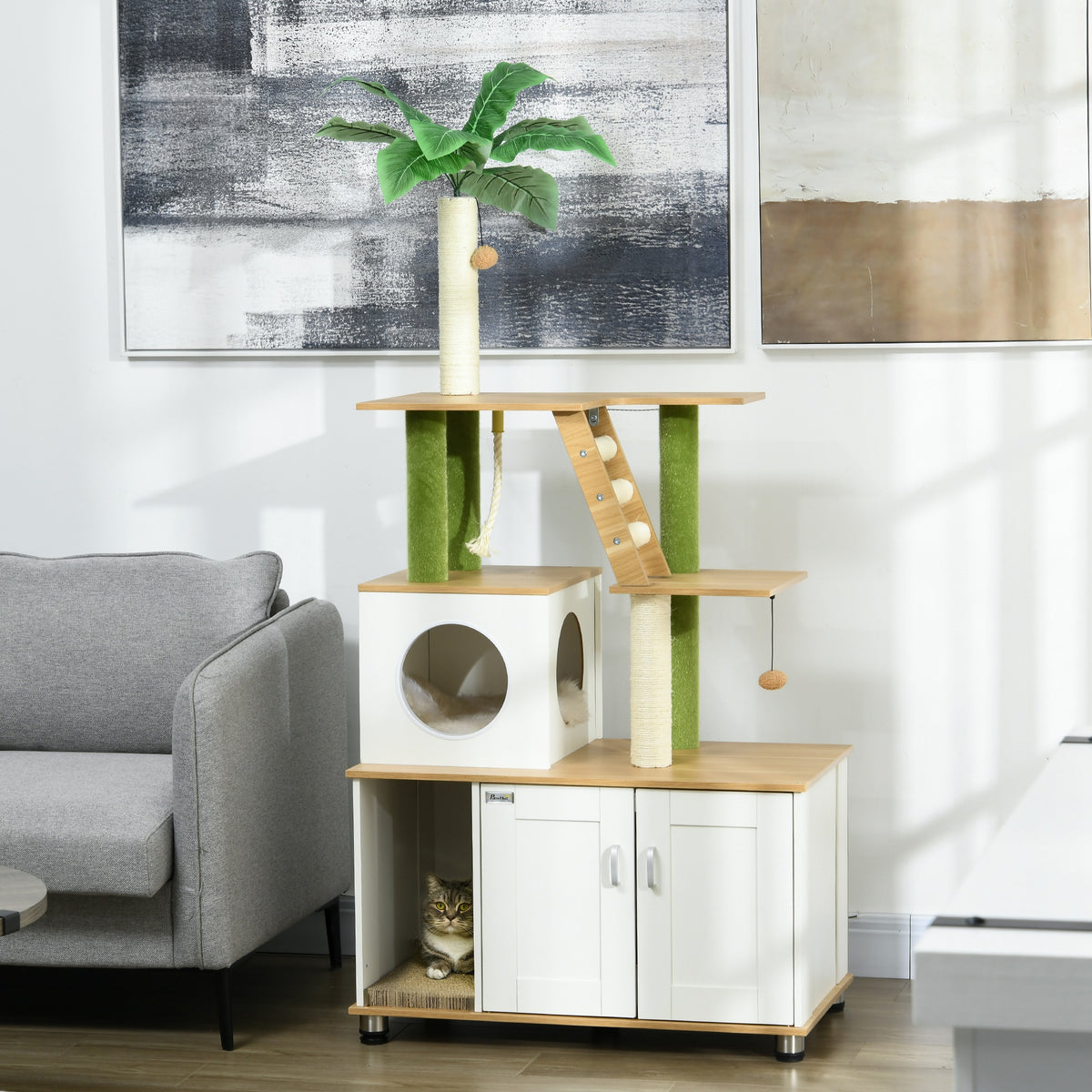 Kissanvessakaappi raapimispuulla ja pesällä, 80 x 48 x 160 cm, tammi/valkoinen