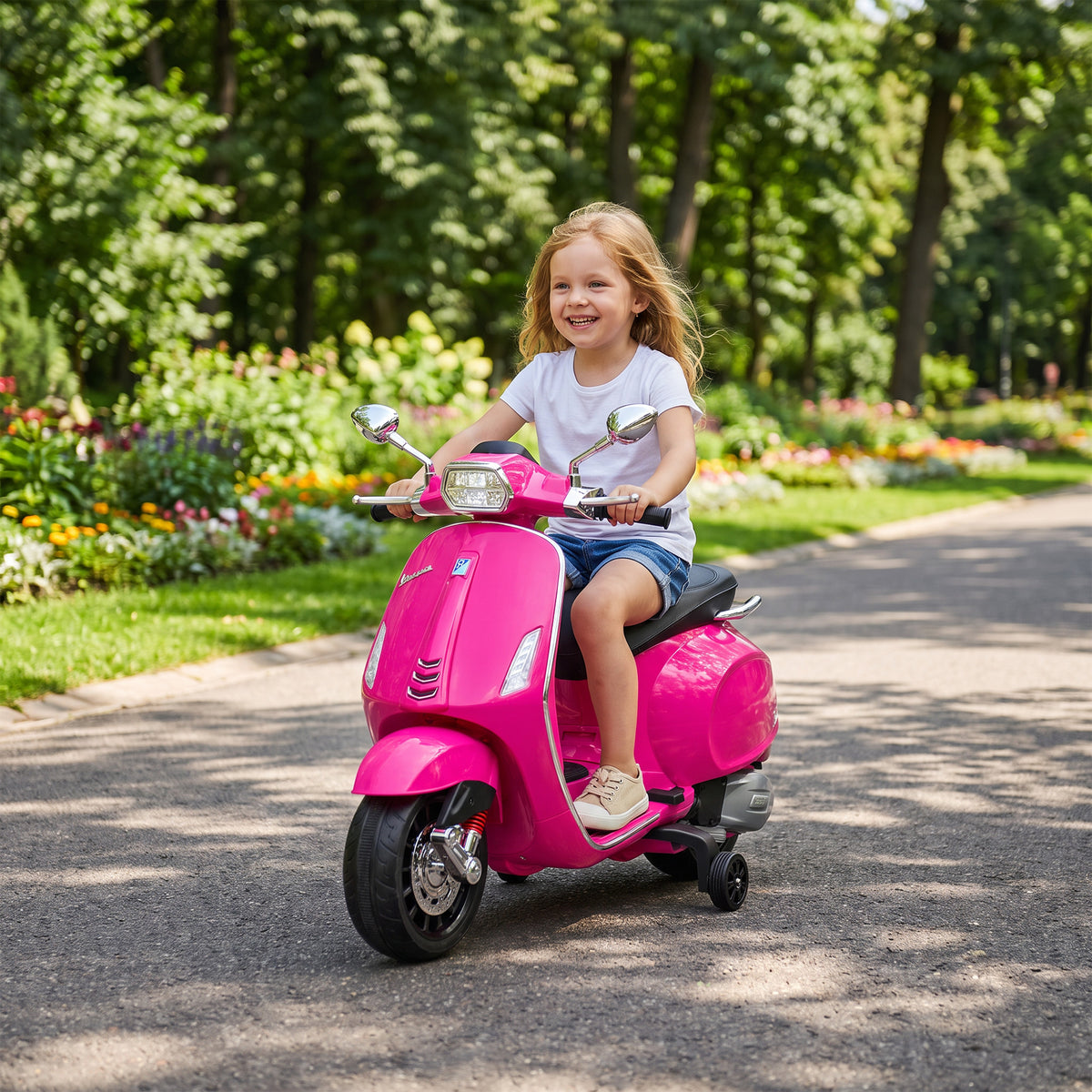 Lasten sähkömopo Vespa 6V tukipyörillä, FM-radio, musiikki ja valo, 3–6 v, pinkki