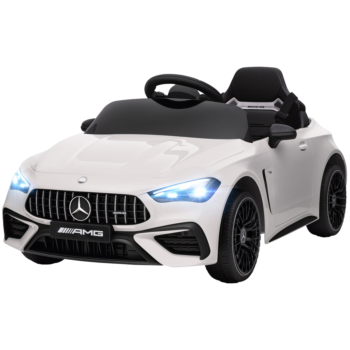 Lasten sähköauto Mercedes-AMG 12V, kaukosäädin, 3-pisteturvavyö, USB ja MP3, 3–6 v, valkoinen