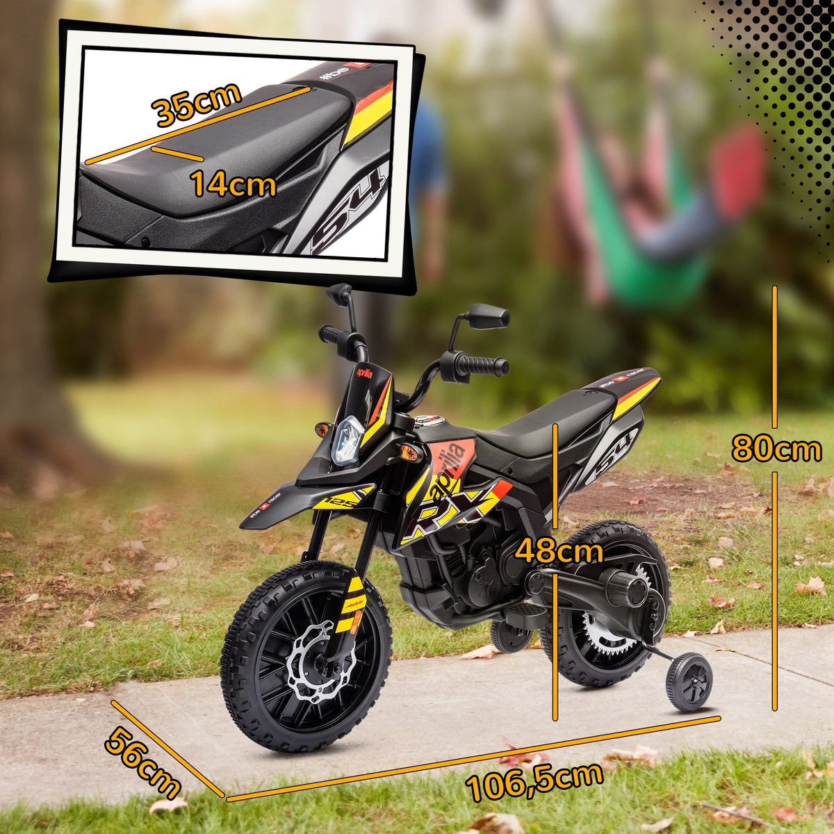 Lasten sähkömoottoripyörä Aprilia 12V, tukipyörät, iskunvaimentimet, USB, 3–8 v, keltainen