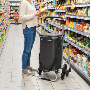 Ostoskärry istuimella, porraskiipijä kolmella pyörällä, 40 l kassi, alumiinirunko, tummanharmaa