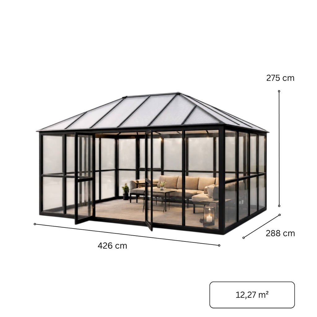 Glaspaviljong 288 x 426 cm – 12,28 m², 2 ventilationsfönster, aluminiumram