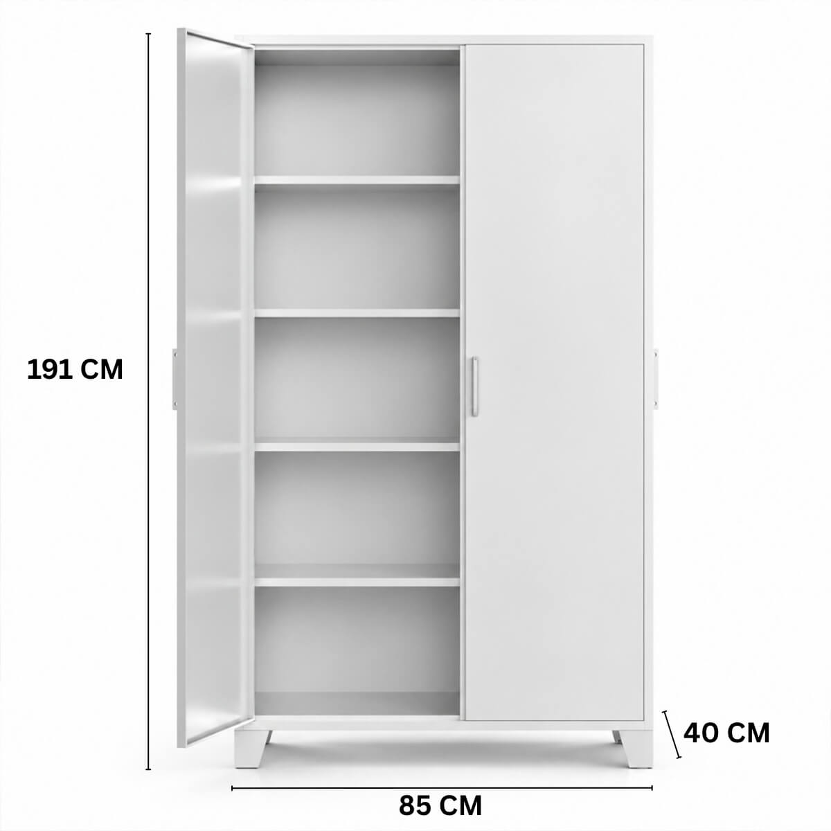 Metallinen vaatekaappi 191 x 85 x 40 cm, 2 ovea ja 4 hyllyä – vaalean harmaa