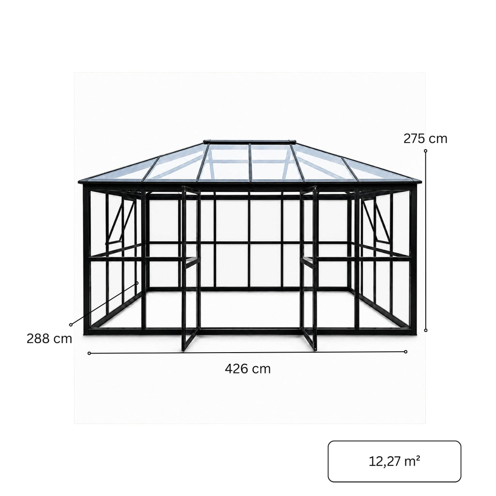 Lasipaviljonki 288 x 426 cm – 12,28 m², kirkas PC-katto ja pariovet