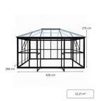 Lasipaviljonki 288 x 426 cm – 12,28 m², kirkas PC-katto ja pariovet