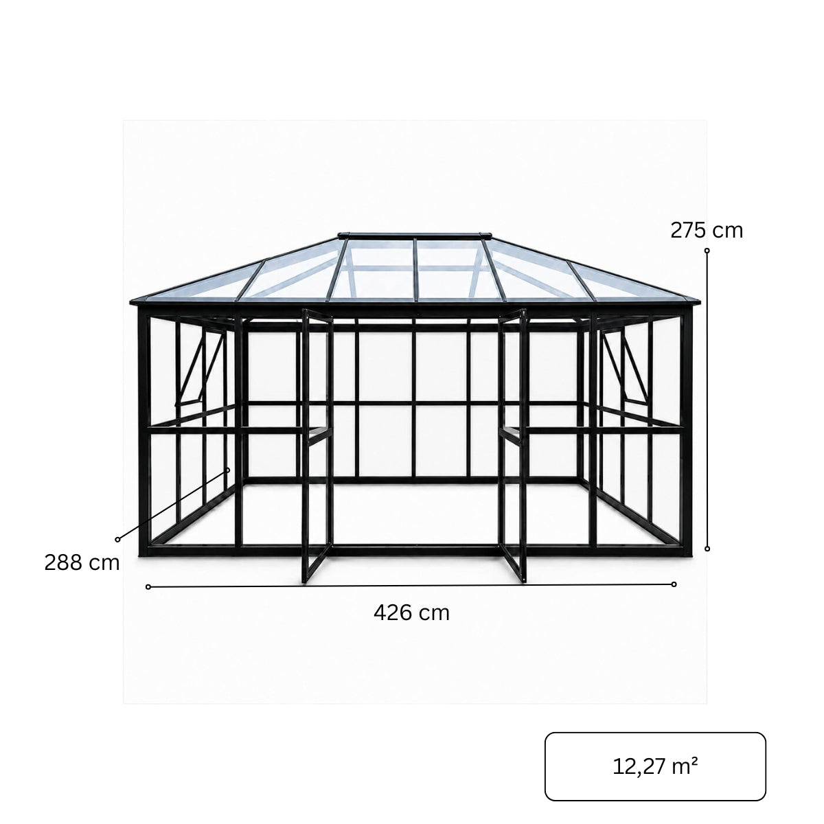 Lasipaviljonki 288 x 426 cm – 12,28 m², kirkas PC-katto ja pariovet