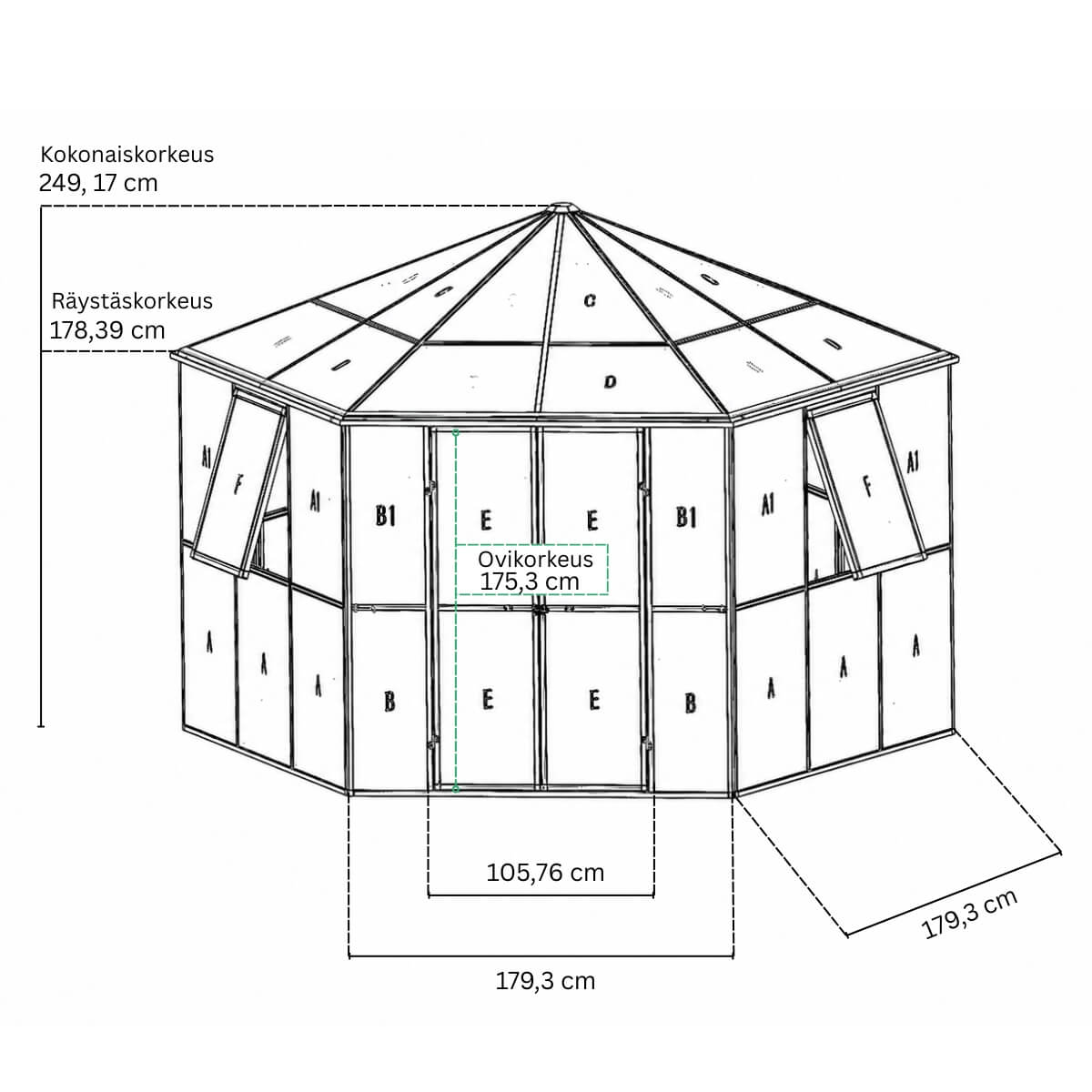 Kuusikulmainen paviljonkikasvihuone 180 x 180 cm – 2 ikkunaa, 4 mm PC-katto, musta