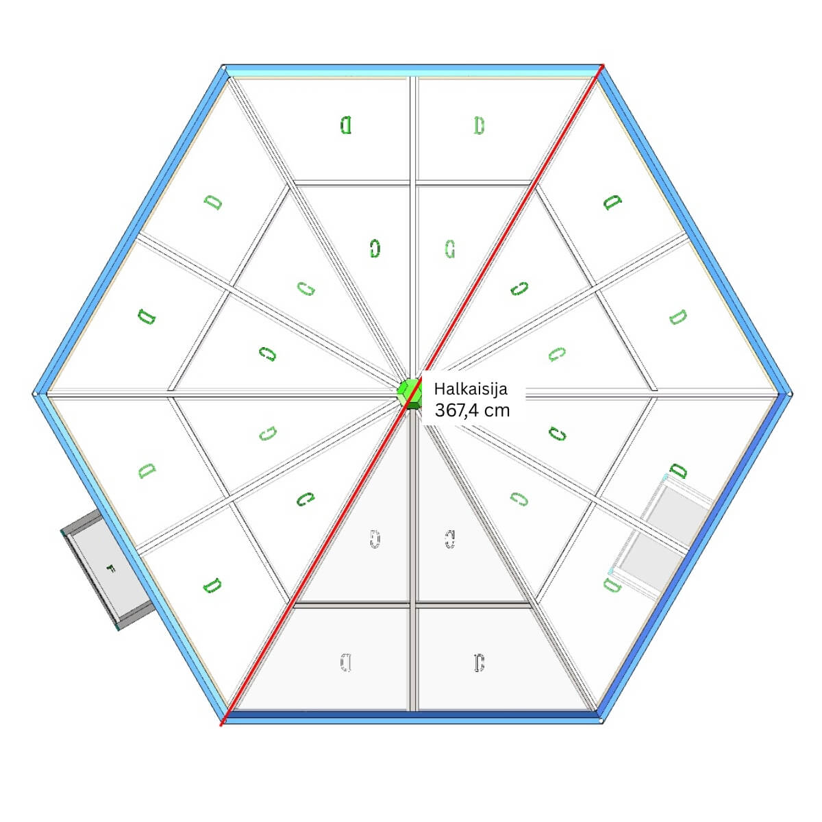 Kuusikulmainen paviljonkikasvihuone 180 x 180 cm – 2 ikkunaa, 4 mm PC-katto, musta