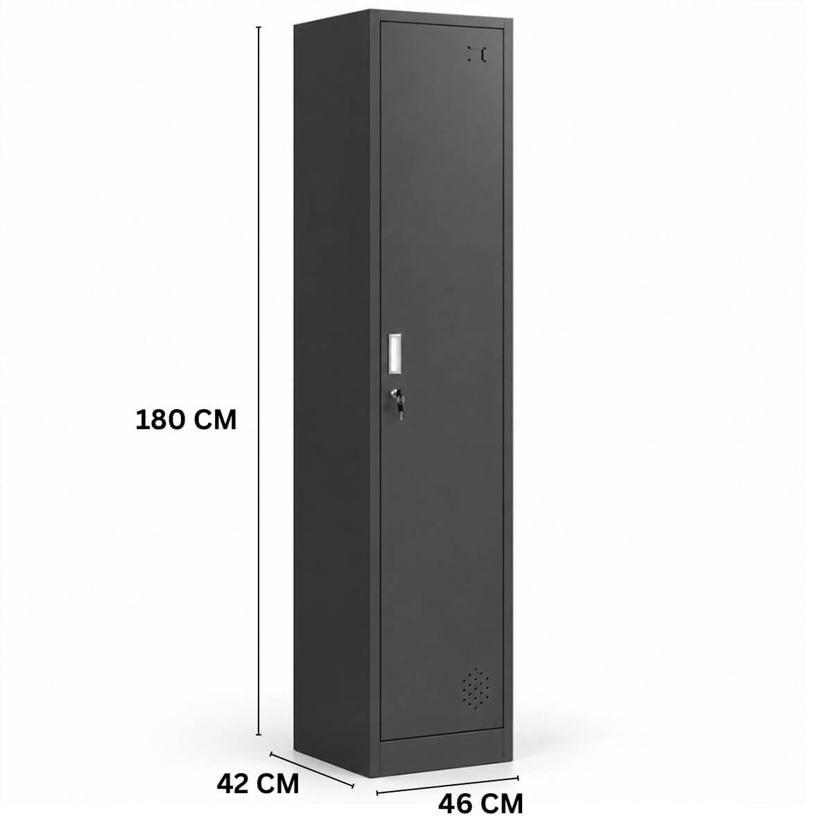 Metallinen vaatekaappi 180 cm, 1-ovinen ja lukittava – musta