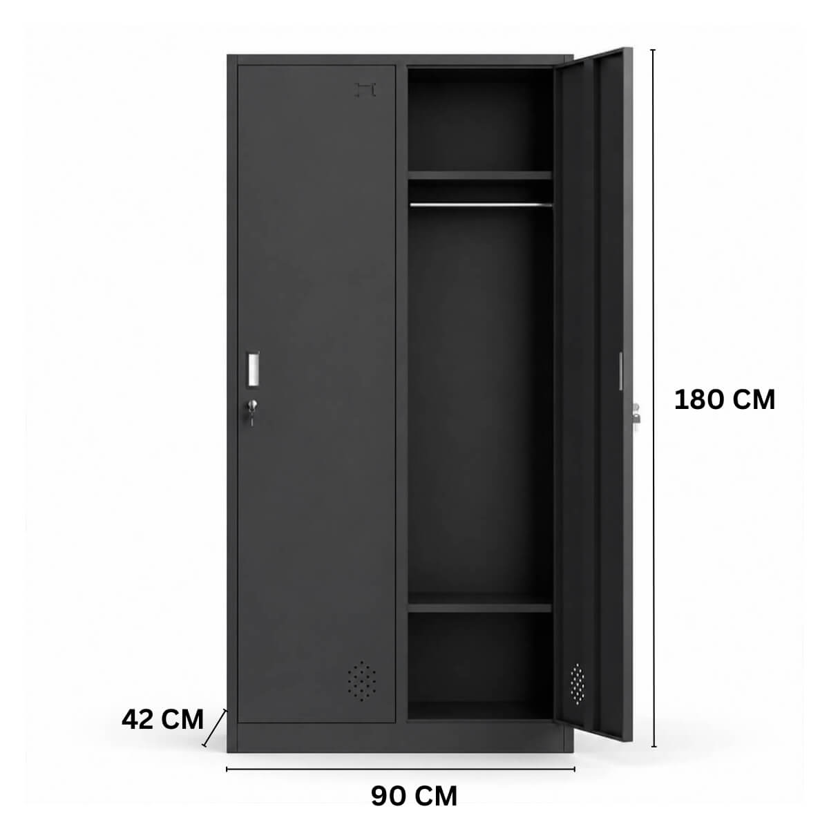 Metallinen Vaatekaappi 2 ovea, 180 cm, lukittava pukukaappi, musta