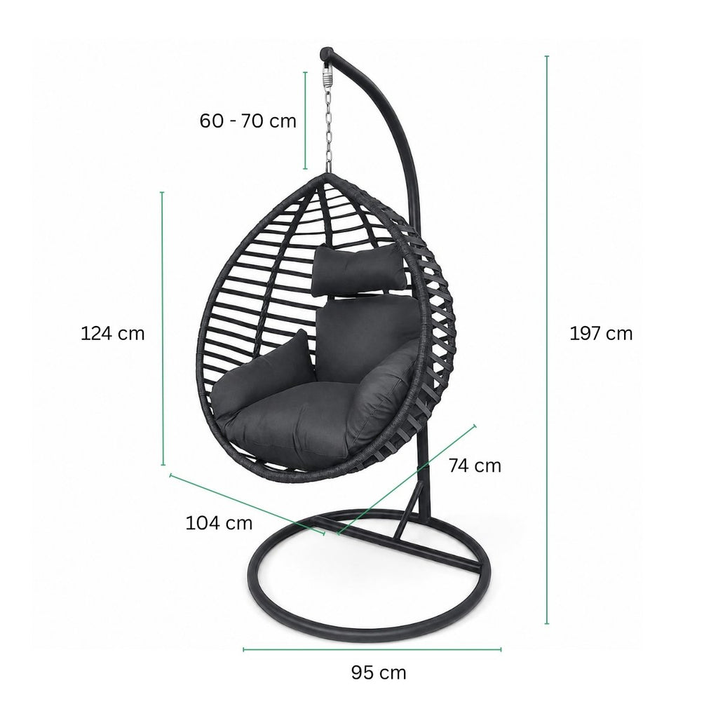Riipputuoli telineellä 95 x 95 x 197 cm – polyrottinki, 100 kg, 8 cm pehmuste