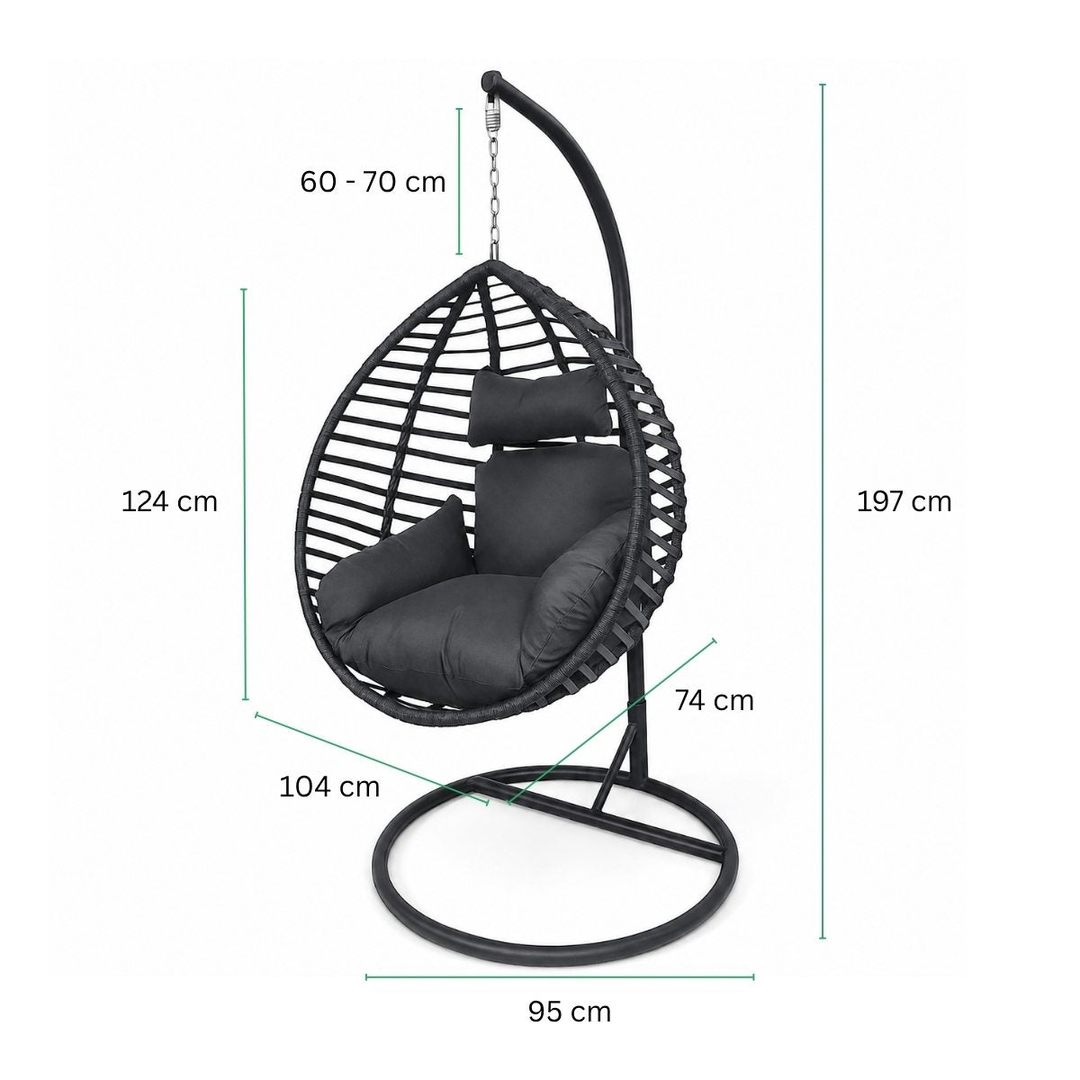 Riipputuoli telineellä 95 x 95 x 197 cm – polyrottinki, 100 kg, 8 cm pehmuste