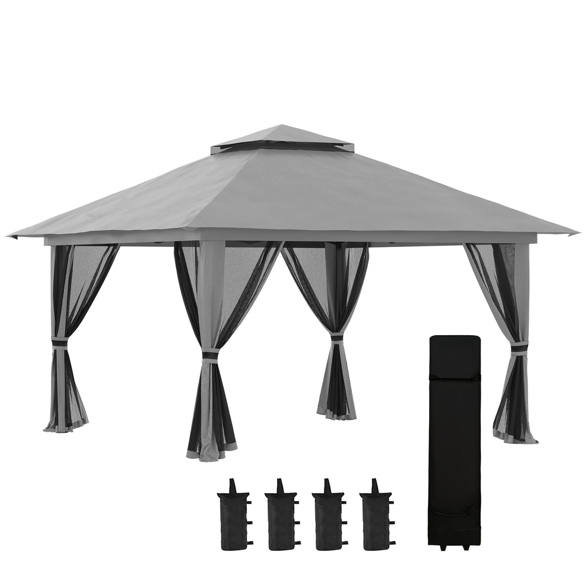 Taittuva pop-up-paviljonki 4 x 4 m verkkoseinillä ja pyörällisellä laukulla, tummanharmaa
