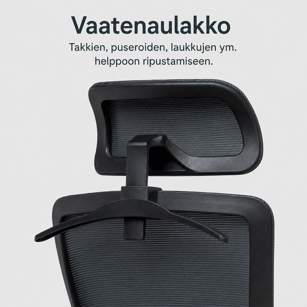 Työtuoli niskatuella ja ripustimella, musta