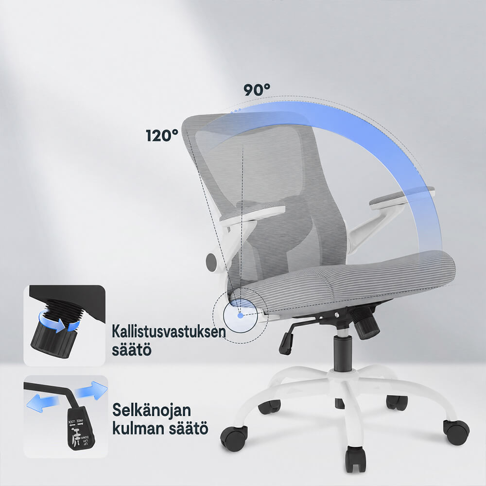 Työtuoli verkkoselkänojalla ja 90–120° selkänojan säädöllä