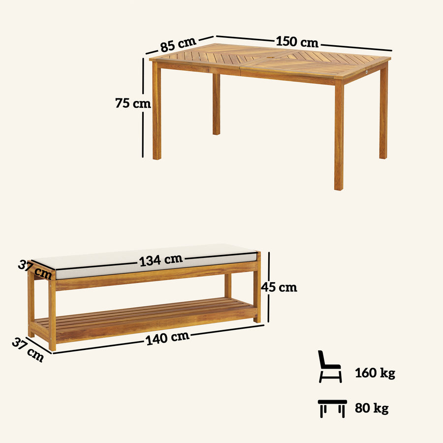 Akaasiapuinen ruokailuryhmä, pöytä + 2 penkkiä tyynyillä, 150 cm, tiikki