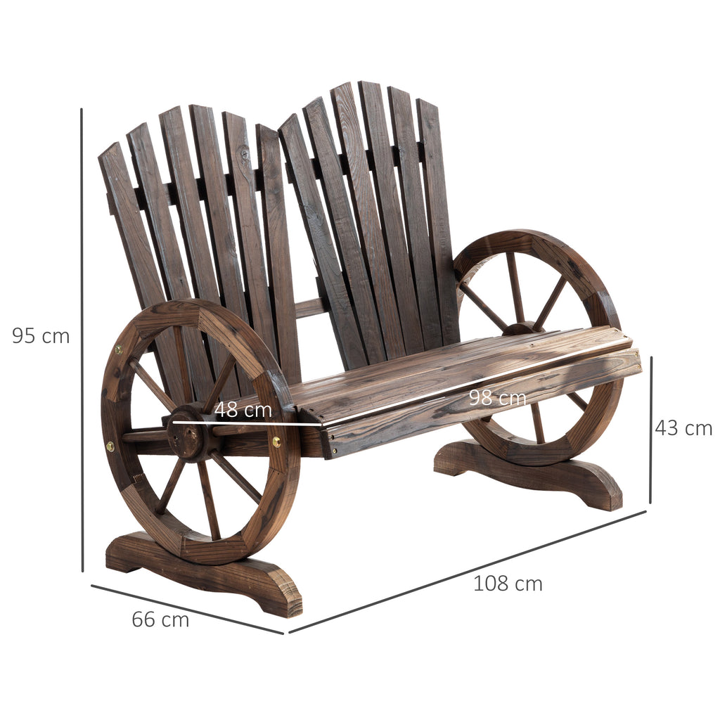 Puinen puutarhapenkki vaunupyöräkäsinojilla, 2-istuttava, 108 cm, tummanruskea