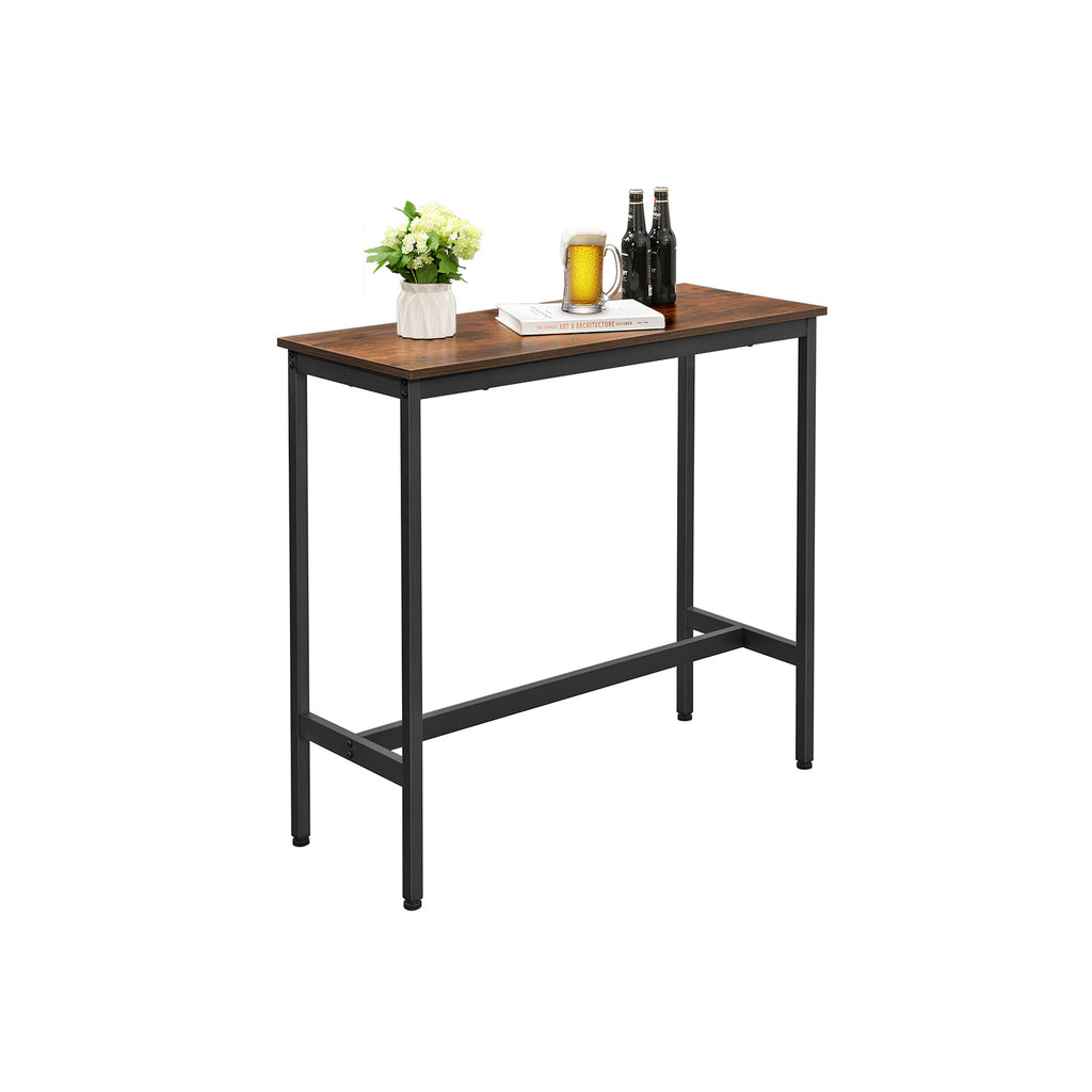 Kapea suorakaiteen muotoinen baaripöytä, keittiöpöytä, korkea ruokapöytä, teräsrunko, 100 × 40 × 90 cm, helppo koota, industrial-tyyli, rustiikkiruskea ja musta