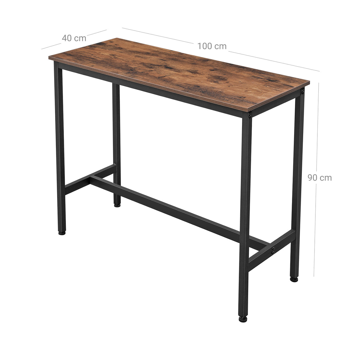 Kapea suorakaiteen muotoinen baaripöytä, keittiöpöytä, korkea ruokapöytä, teräsrunko, 100 × 40 × 90 cm, helppo koota, industrial-tyyli, rustiikkiruskea ja musta