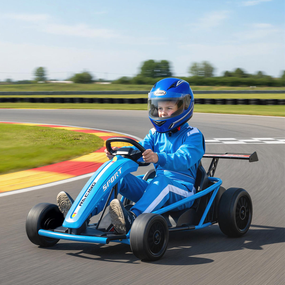 Lasten sähkökartingauto 24V driftirenkailla, 6–13 km/h, turvavyö ja musiikki, sininen