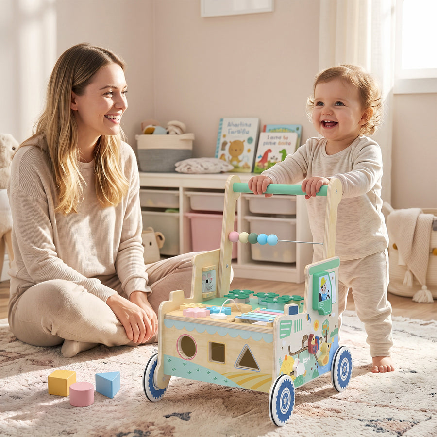 Kävelyvaunu puusta palikoilla ja säilytystilalla, Montessori-leikkikeskus, 1–3 v, vihreä